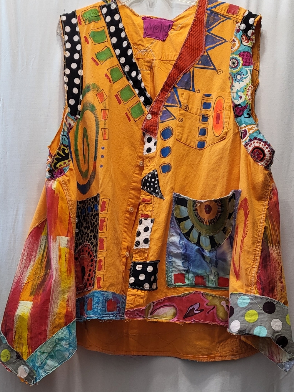 Hand-Painted Vintage Boho Yellow Multicolor Patchwork Vest Women's XL